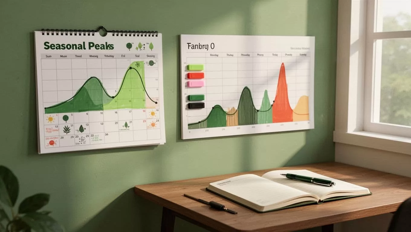 Modern illustration in greens and earth tones showing a wall calendar marked with seasonal peaks, a nearby content planning board with demand spike notes, and a desk with notepad and pen, focusing on retail holiday surges and summer travel prep.
