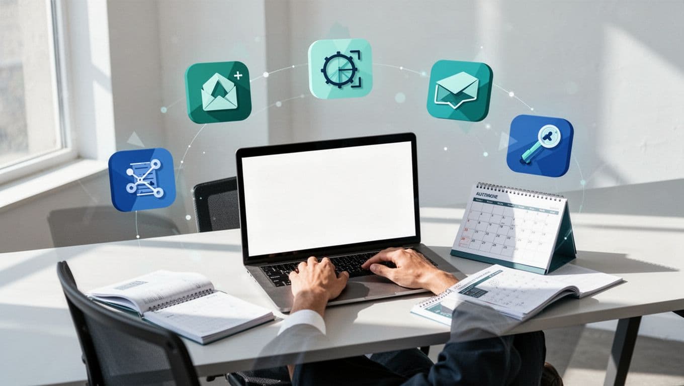 Modern illustration of a professional creator at a desk with laptop, calendar, and floating content icons, automating personal brand tasks. Clean shapes in blue and green palette with strong composition and bright lighting.