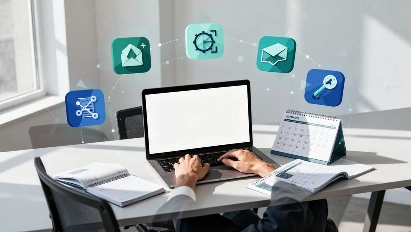 Modern illustration of a professional creator at a desk with laptop, calendar, and floating content icons, automating personal brand tasks. Clean shapes in blue and green palette with strong composition and bright lighting.