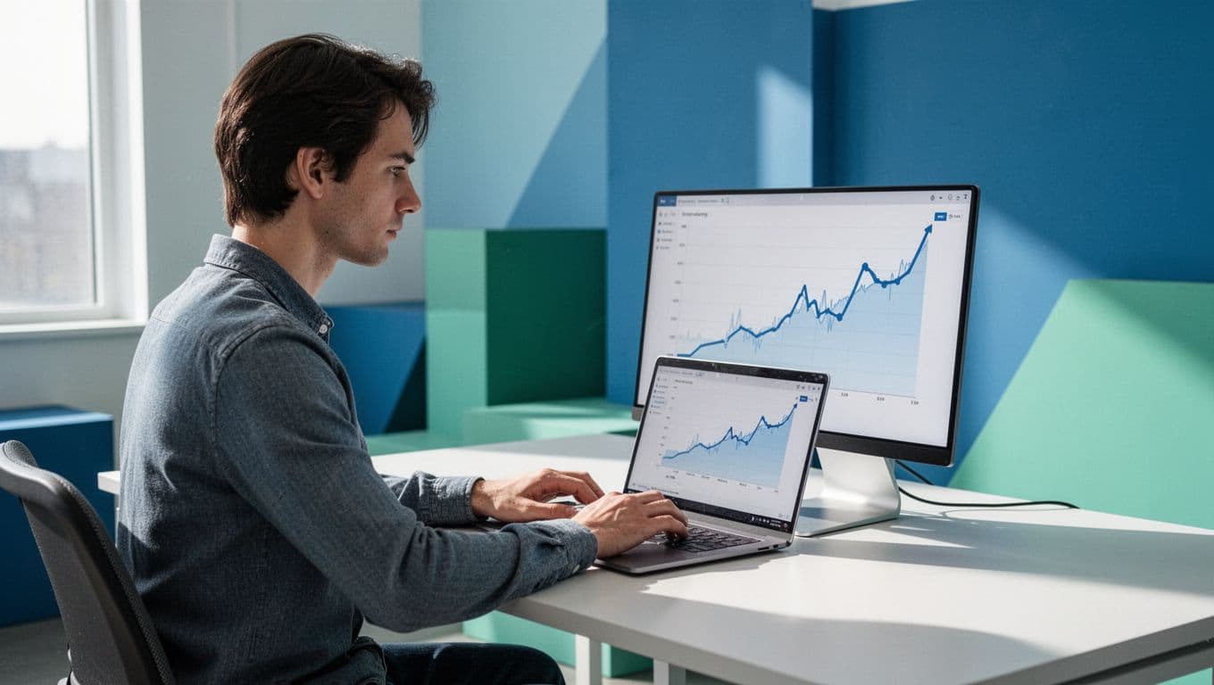 Modern illustration of a content creator at a desk in a bright office, examining a rising trend graph on a laptop screen with clean shapes and blue-green palette.