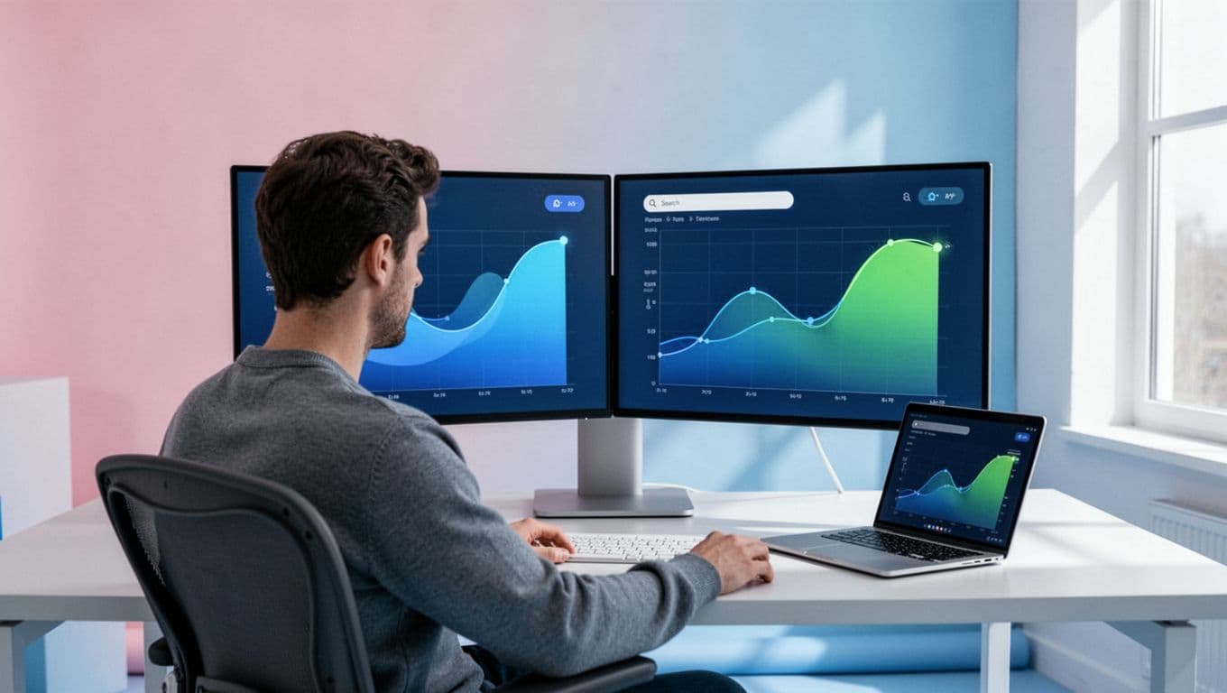 Modern illustration of a content creator at a desk with dual monitors displaying the Exploding Topics dashboard filtered for YouTube trends, featuring rising graphs in blue and green. Clean composition with blues and whites, laptop nearby, natural lighting, focusing on screens.