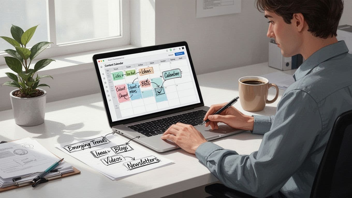 Modern illustration of one creator at desk with laptop showing content calendar, handwritten notes linking trends to blog video newsletter icons, coffee mug nearby soft lighting clean office setting clean shapes controlled colors strong composition landscape aspect ratio no text no logos no extra people no complex hands
