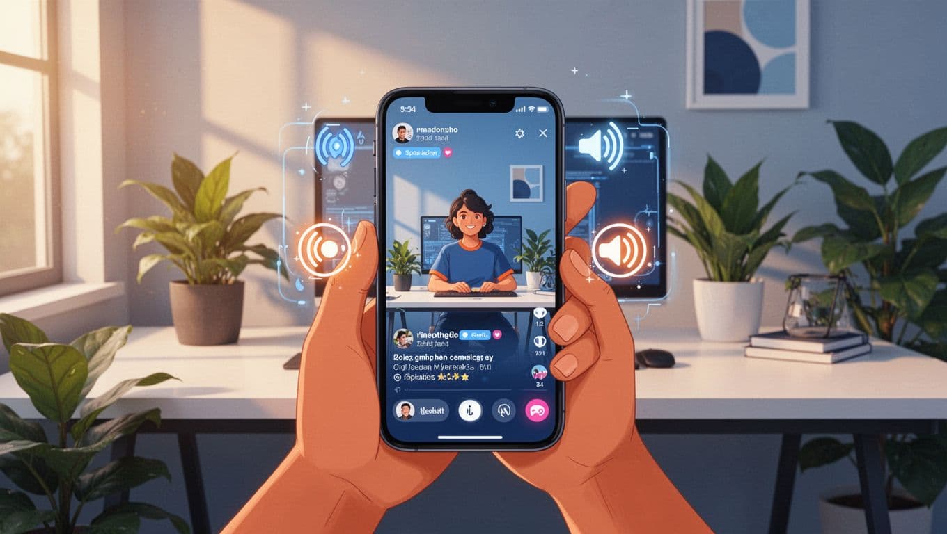 Short viral podcast reel clips on a phone screen held by a content creator, featuring animated captions and speaker highlights in Instagram Reels style, modern workspace with plants.