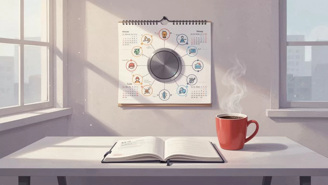 Modern illustration of a clean workspace with a wall calendar filled with social post icons branching from a central blog post icon, accompanied by a coffee mug and notebook under soft window light.