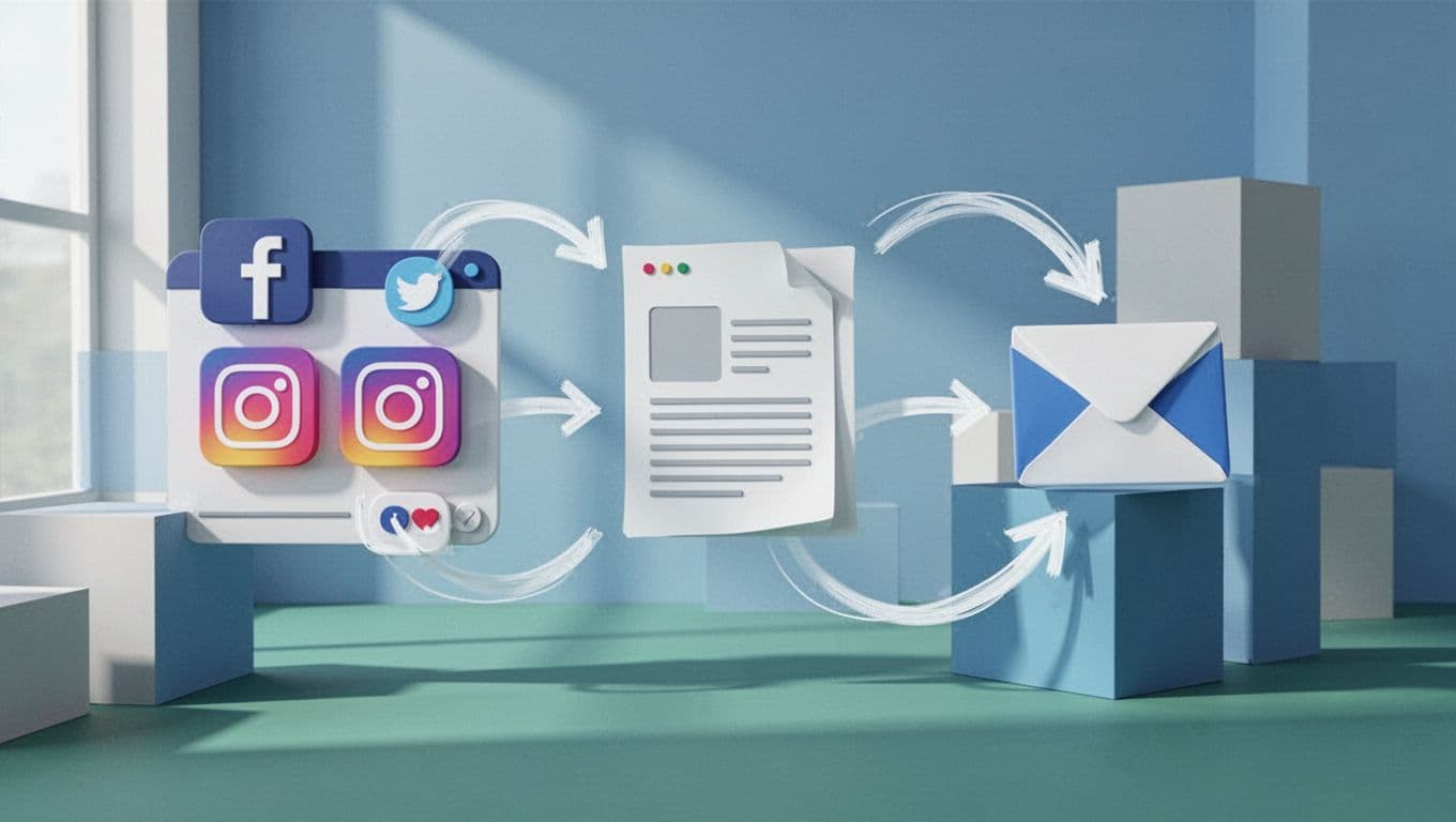 Modern illustration depicting a video clip transforming into social posts, blog, and email across platforms with icons for Twitter, LinkedIn, and YouTube, using clean shapes, blue-green palette, and dynamic flow arrows.