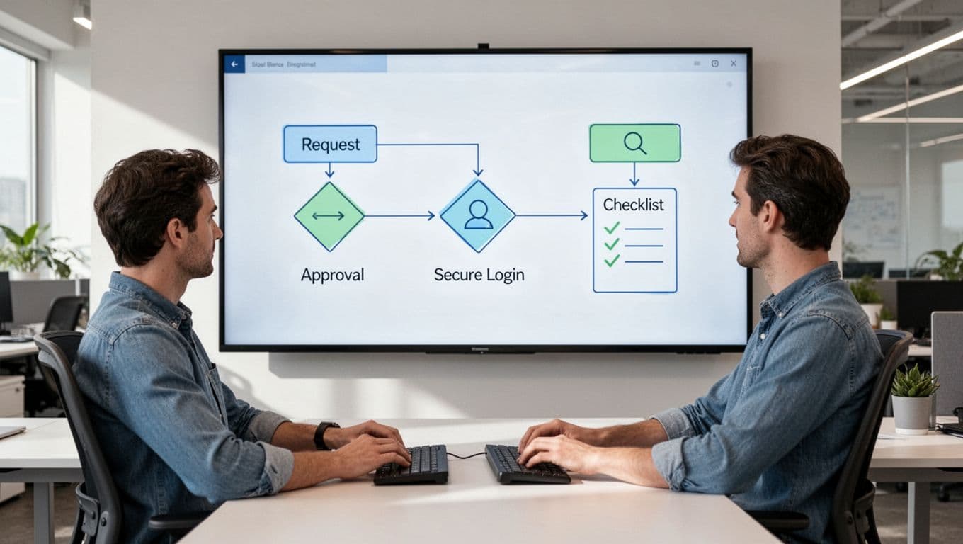Modern illustration of a workflow diagram from contractor request form approval by manager, MFA login to access files, to review checklist on a shared office screen with one reviewer.