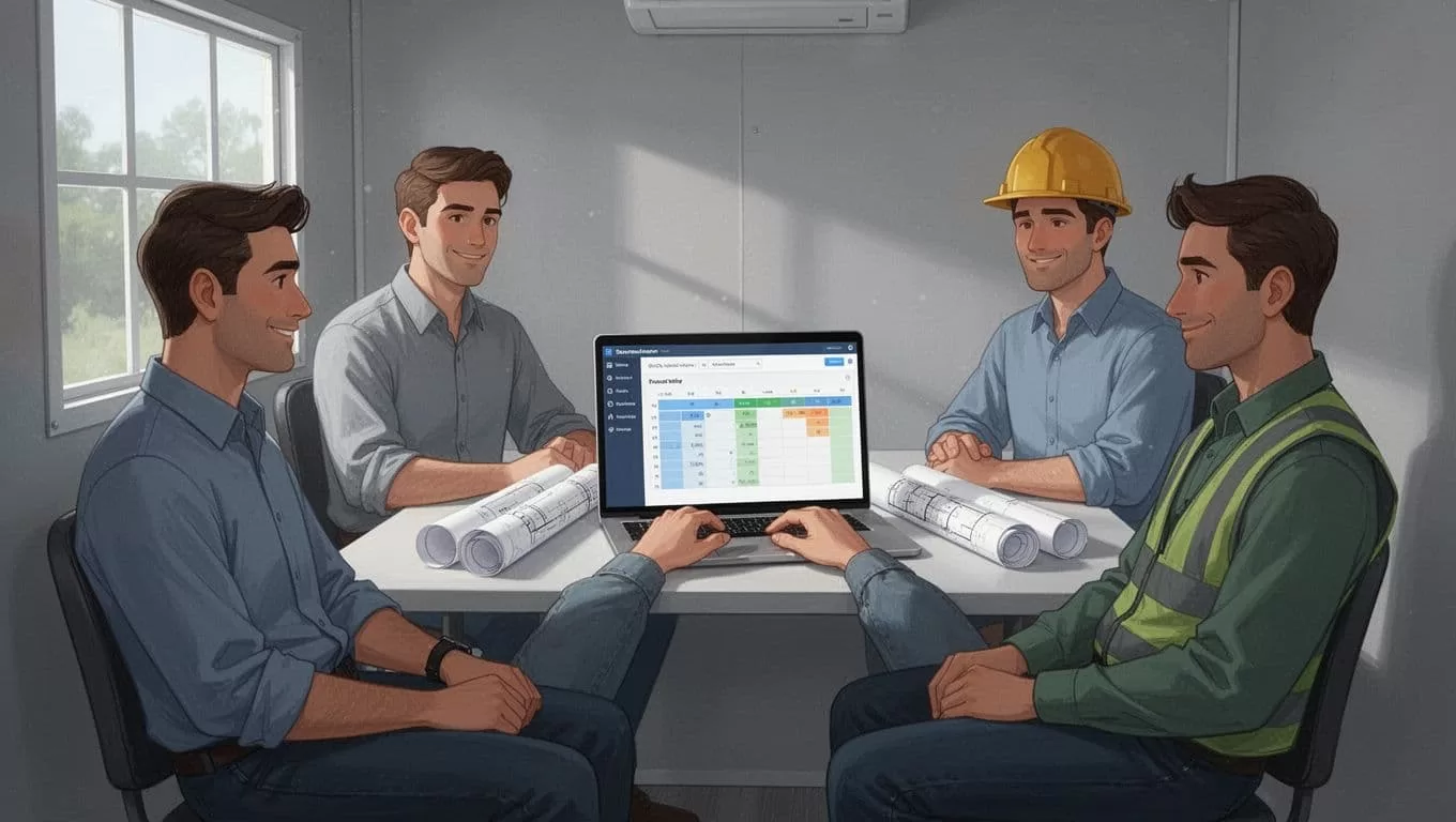 Three contractors in an office trailer review a time tracking dashboard on a laptop, with job hours graphs and payroll export options in neutral grays, blues, and greens.