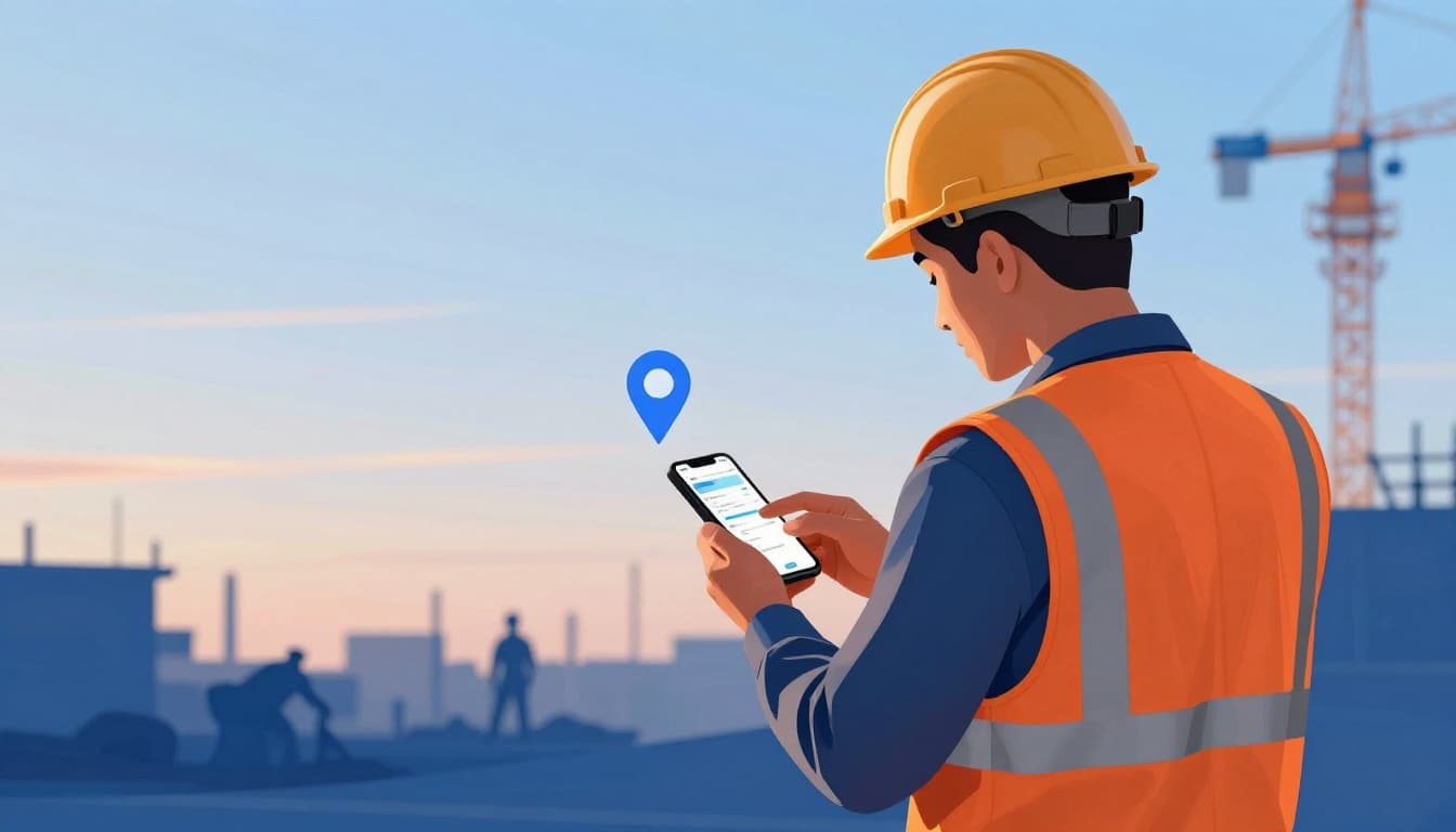 Construction contractor wearing hard hat and vest checks time on smartphone app with subtle GPS pin at dusk on job site, modern illustration in warm orange and blue tones.