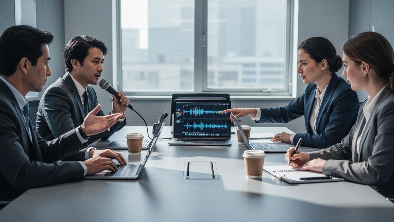 Three professionals in conference room: one speaks into microphone, one points at laptop audio waveforms, one takes notes by coffee cups.