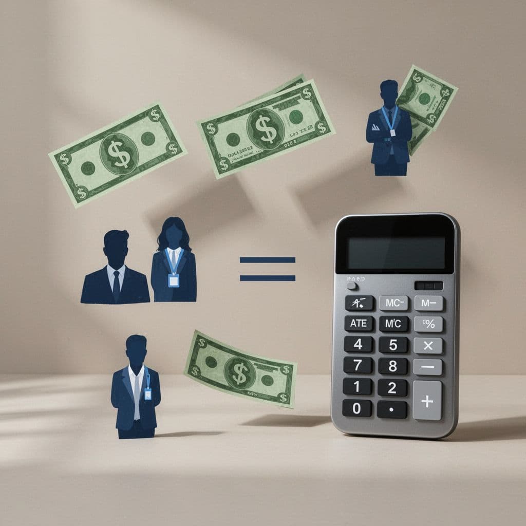 Dollar bill icons, people icons, division symbol, and calculator on desk against neutral background.