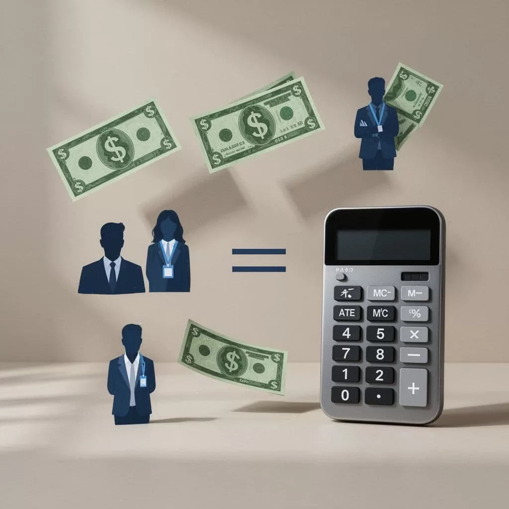 Dollar bill icons, people icons, division symbol, and calculator on desk against neutral background.