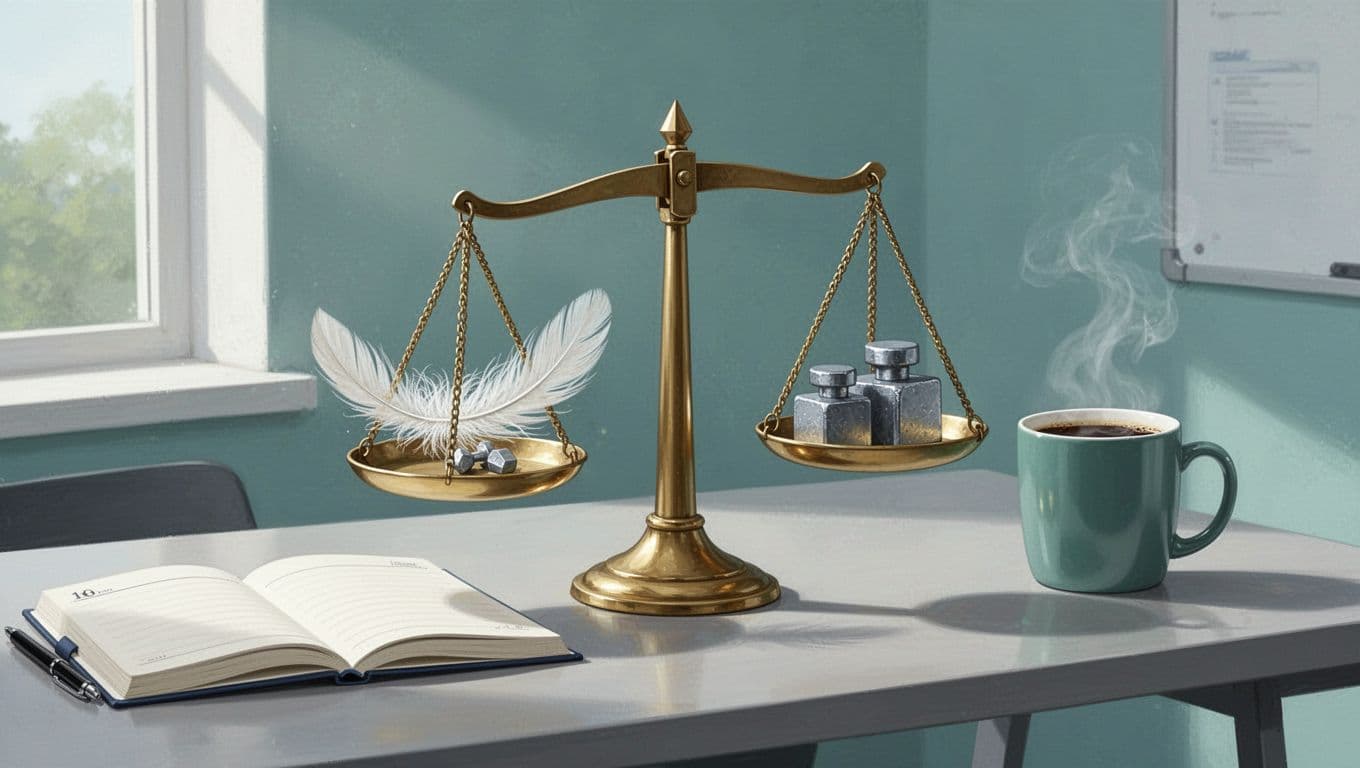 Abstract illustration of a scale balancing a light feather for affordable tools against heavy weights for enterprise software, on a modern desk with notebook and coffee mug in soft blues, greens, and neutrals.