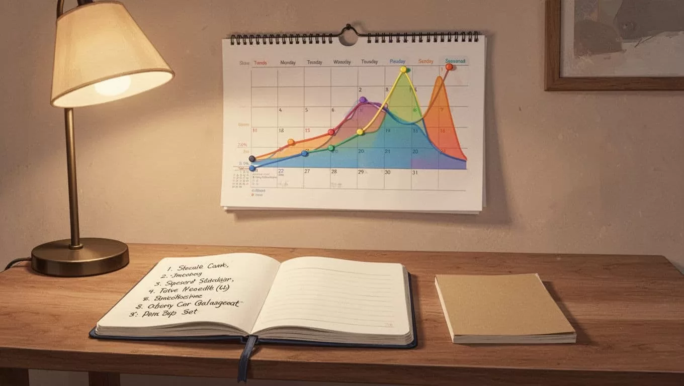 Modern illustration of a content calendar on the wall with pinned trend graphs showing seasonal search volume peaks, an open notebook listing keywords, in a cozy home office with warm lamp light, no people, text, or extra items.