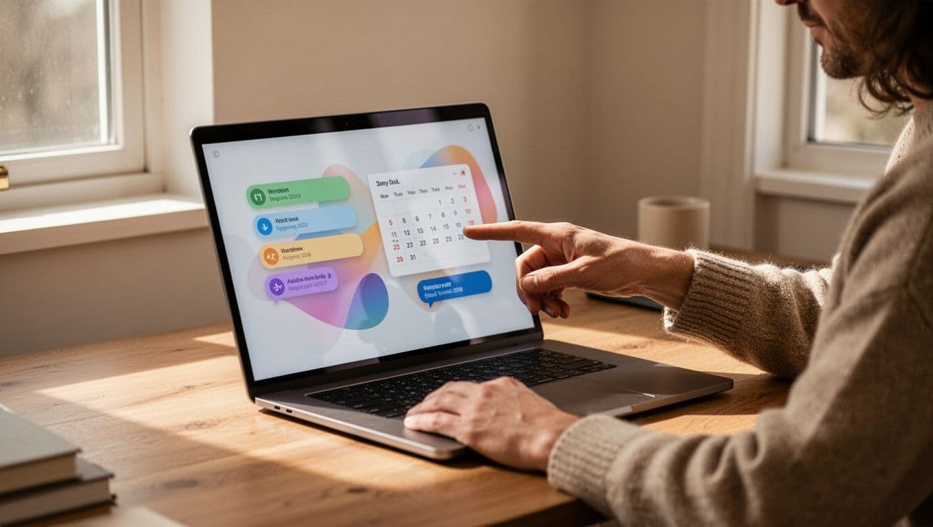 Modern illustration featuring a simple project dashboard on an angled laptop screen displaying task lists, calendar, and chat for a small team. A relaxed person in a cozy home office points at the screen with soft warm tones and clean composition.