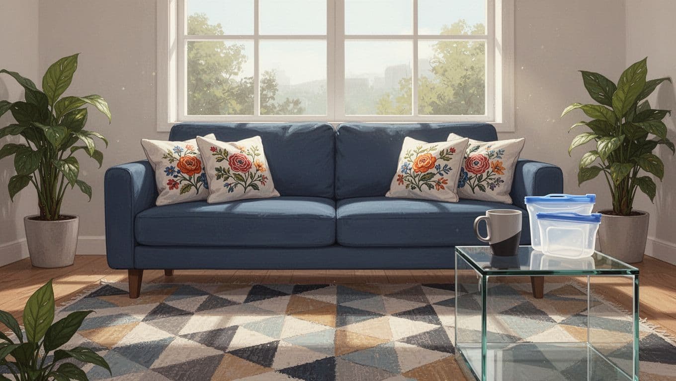 Modern illustration of a cozy living room interior featuring a geometric patterned rug, blue sofa with embroidered pillows, glass side table with ergonomic mug and silicone bags, plants in corners, and natural light from a large window.