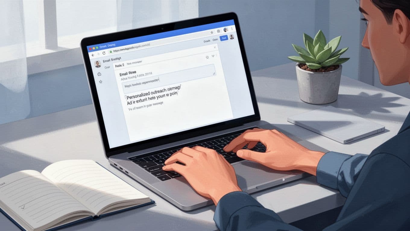 Modern illustration of hands typing a personalized outreach email on a laptop screen with Hunter.io integration suggestion, cozy desk setup with notebook and plant, soft natural lighting.