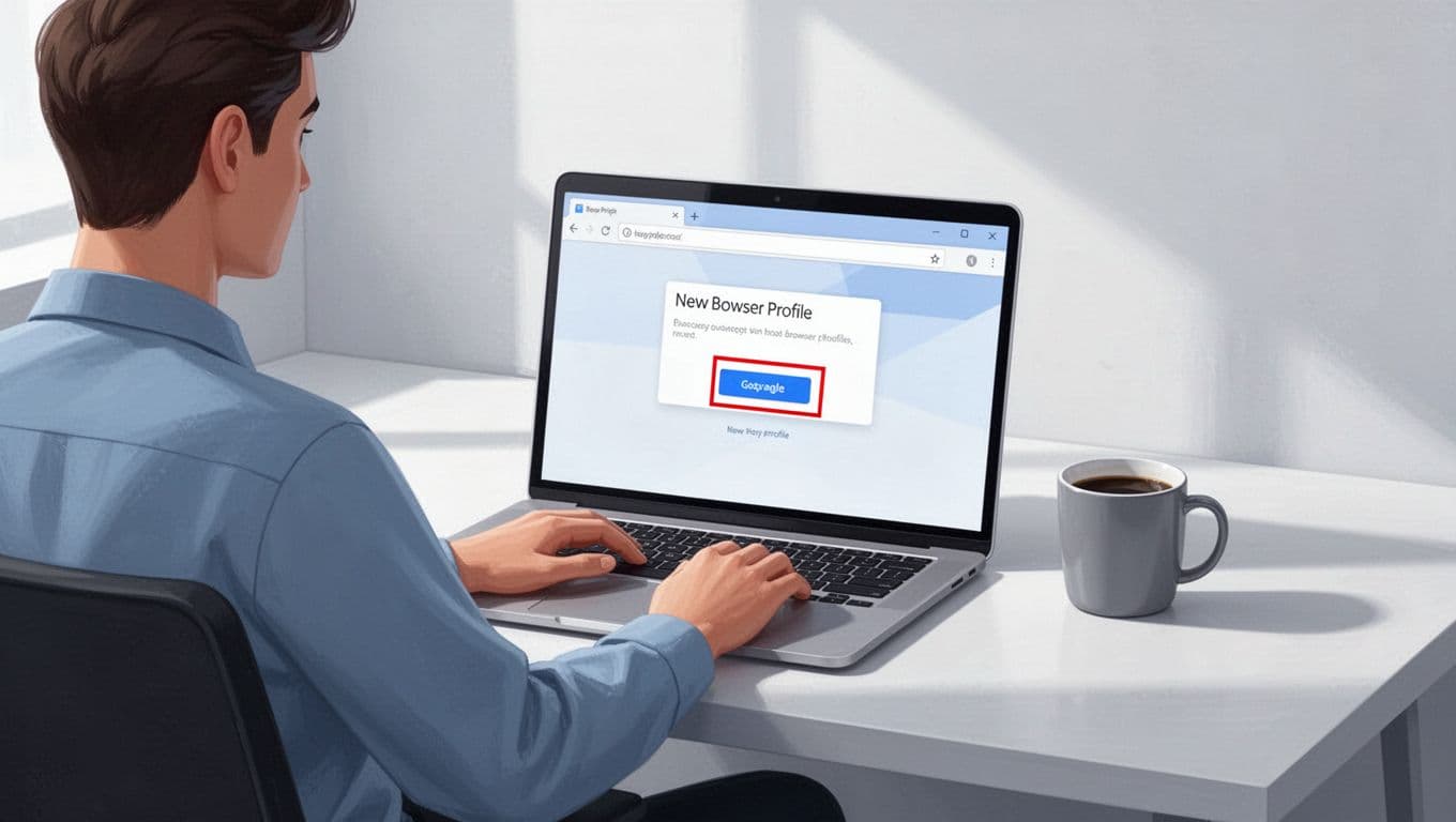 Modern illustration of a person at a clean desk creating a new Chrome profile on a laptop, with the profile menu and 'Add' button highlighted on screen, coffee mug nearby.