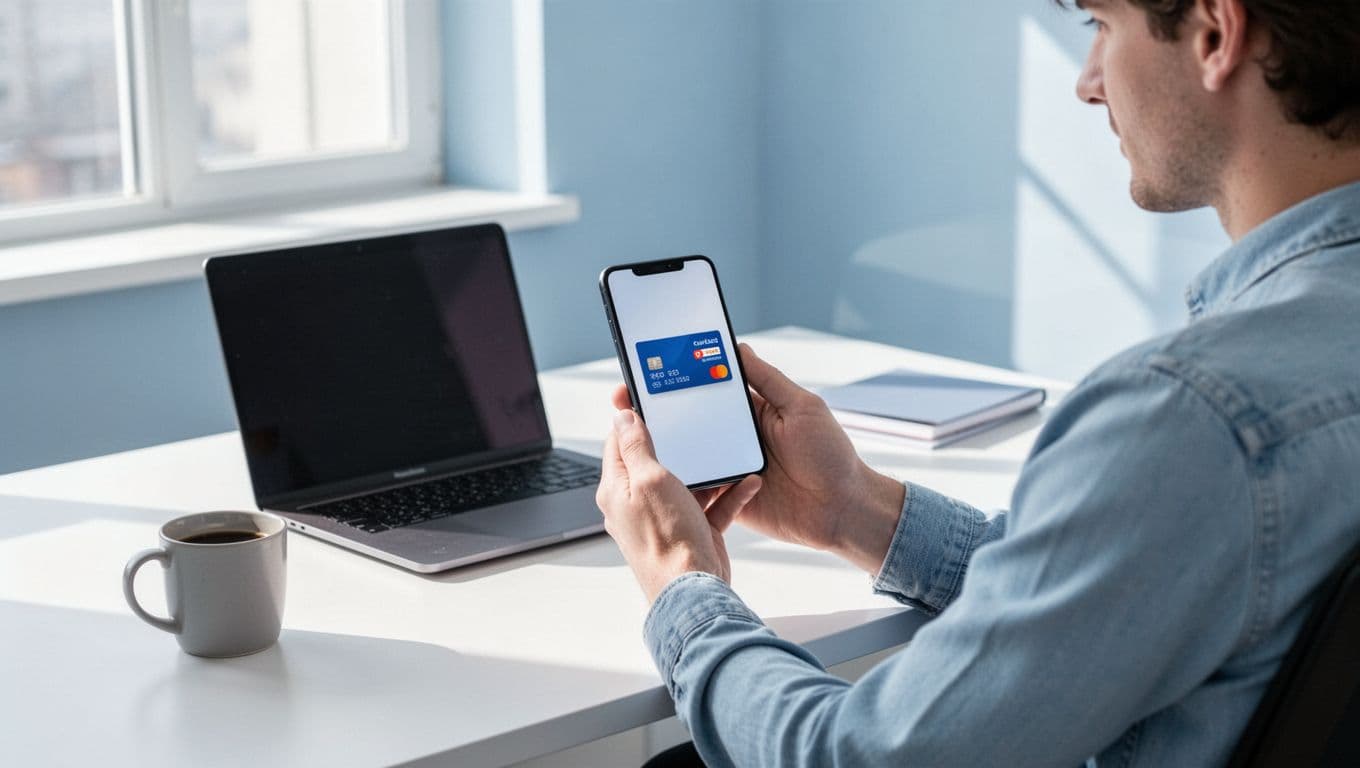 Modern minimalist illustration of a person at a desk using the Wise mobile app to generate a virtual card on their phone screen, with masked card details, closed laptop, and coffee mug nearby in a bright office.