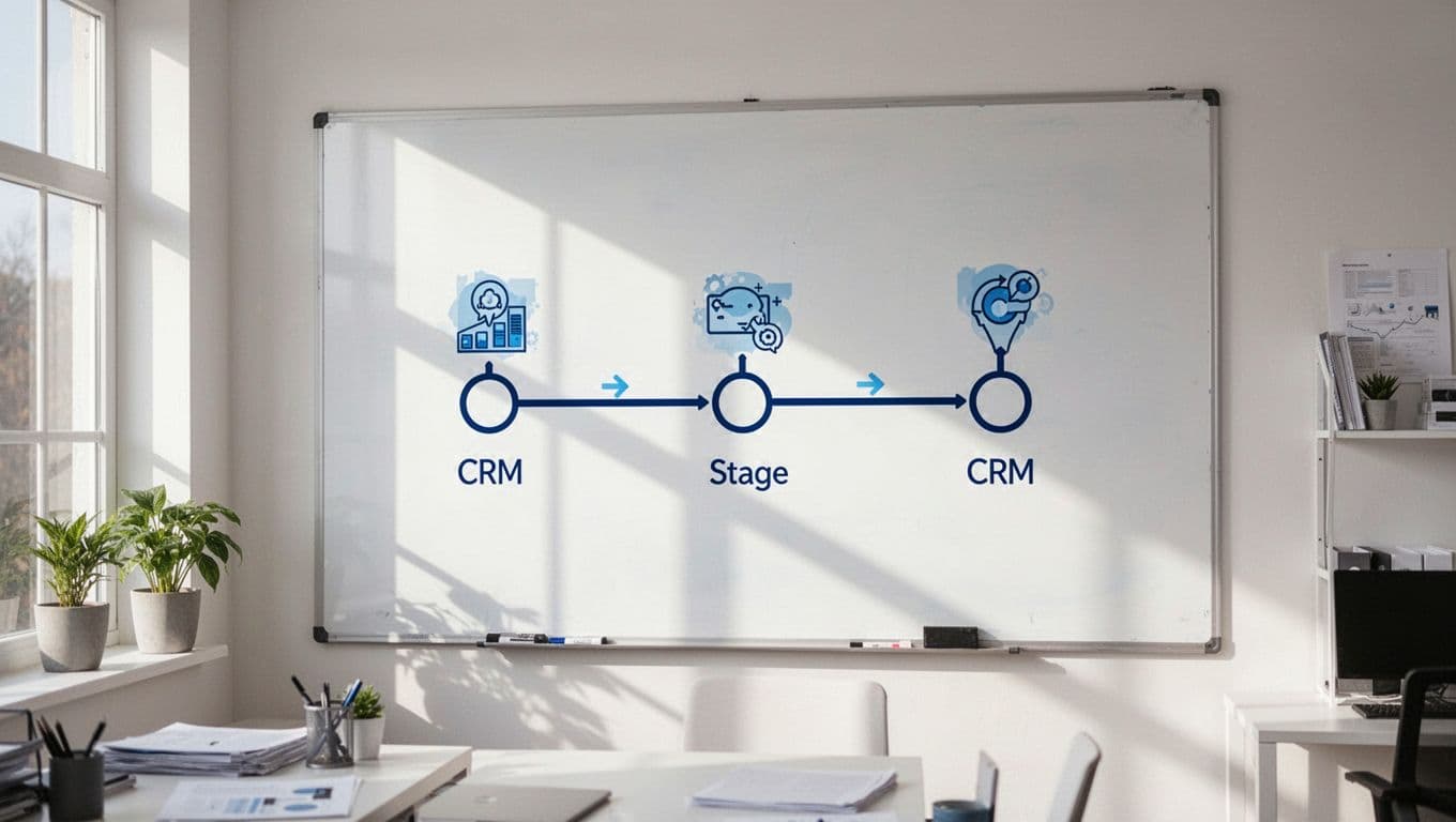 Modern illustration depicting CRM sales pipeline stages—New Lead, Contacted, Proposal, Closed—on a whiteboard in a home office with simple icons and arrows.
