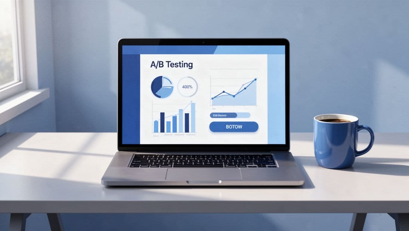 Modern illustration of a sleek laptop displaying simple A/B testing charts and graphs on a desk with a coffee mug, using blues and whites.