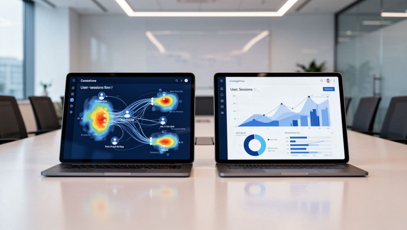 Modern illustration of two tablets on a conference table comparing CRO software interfaces: one showing heatmaps and user sessions, the other displaying analytics reports, in blues and whites with soft office lighting.