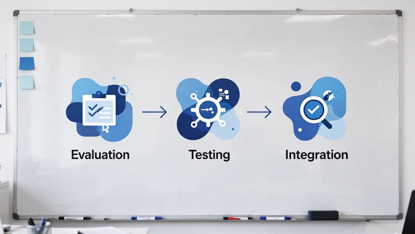 Modern illustration featuring a clean flowchart of steps to select CRO software, with arrows connecting icons for evaluation, testing, and integration on a whiteboard background in blues and whites.