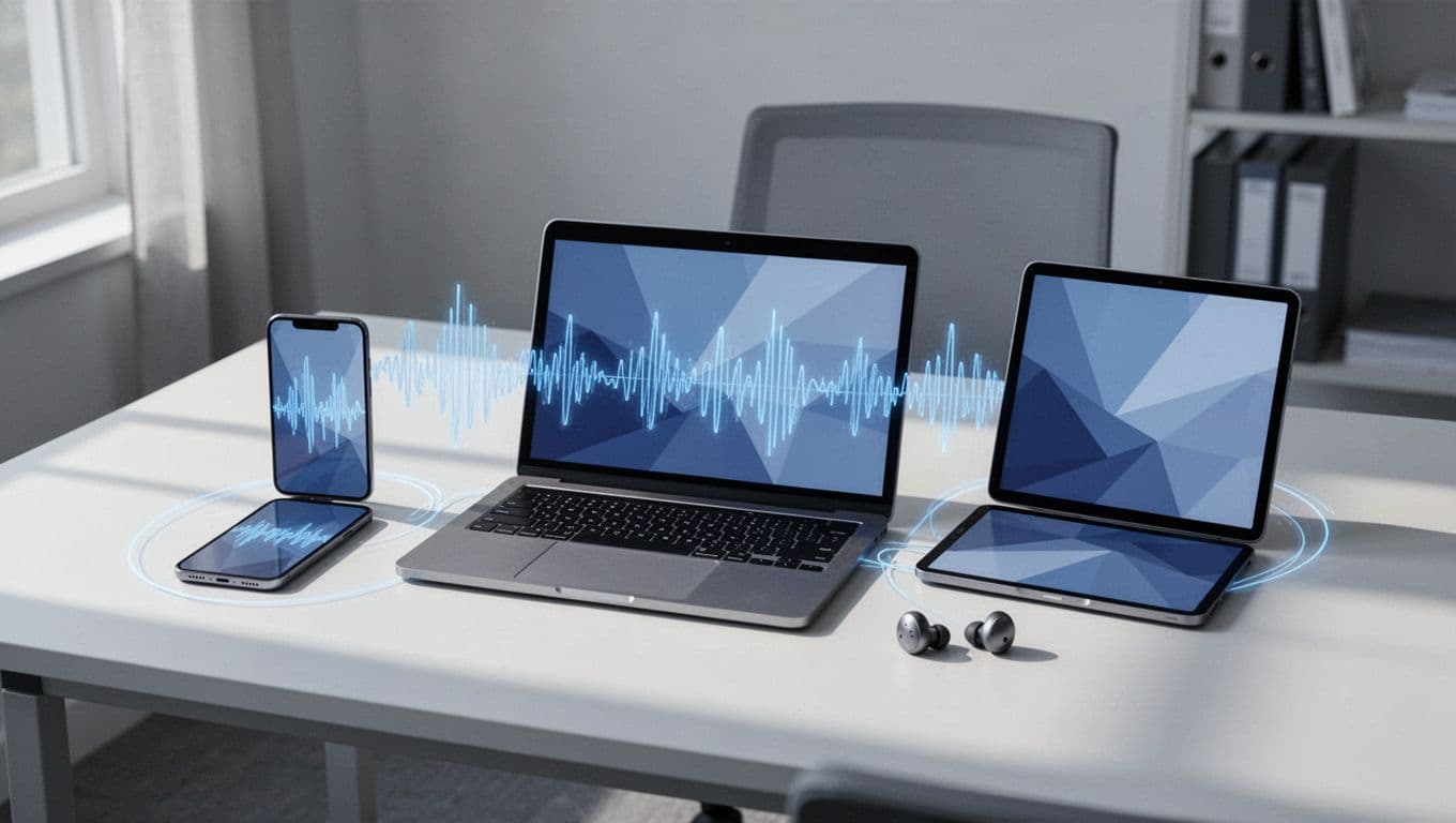 Smartphone, laptop, and tablet arranged on a clean desk with subtle audio waveform lines connecting them and earbuds nearby, in a modern illustration style with blue and gray tones.