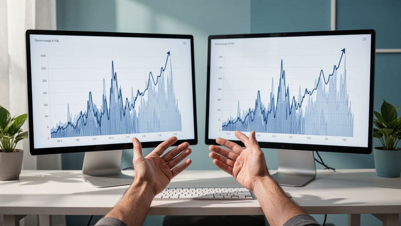 Modern illustration of overlapping trend charts from Exploding Topics, Google Trends, and social media graphs showing aligned upward spikes, on a clean desk with side-by-side screens and one pair of hands gesturing comparison in neutral blues and greens.