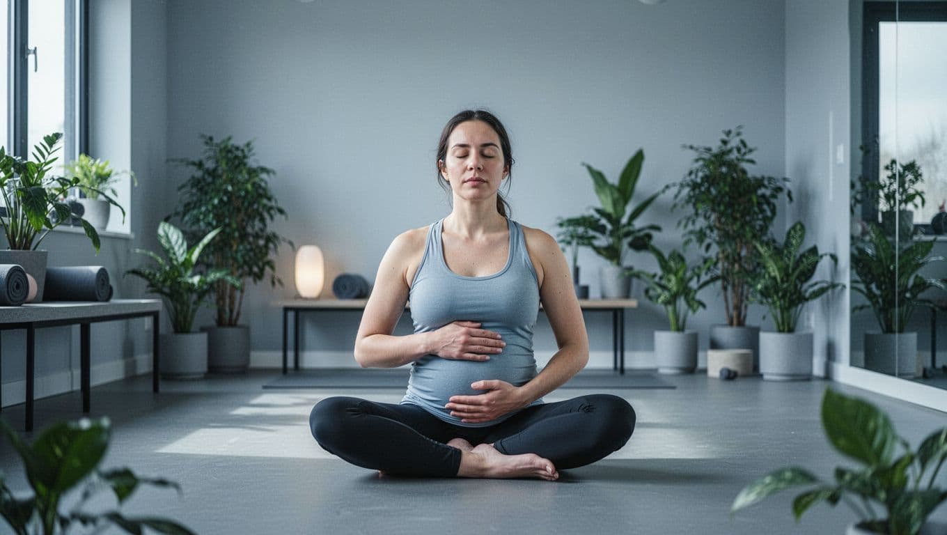 A person sits cross-legged in a serene modern wellness studio practicing breathwork, hands resting on belly, eyes closed, surrounded by plants with soft diffused natural light. Modern illustration style with clean shapes, cool blues and greens palette, and strong centered composition.