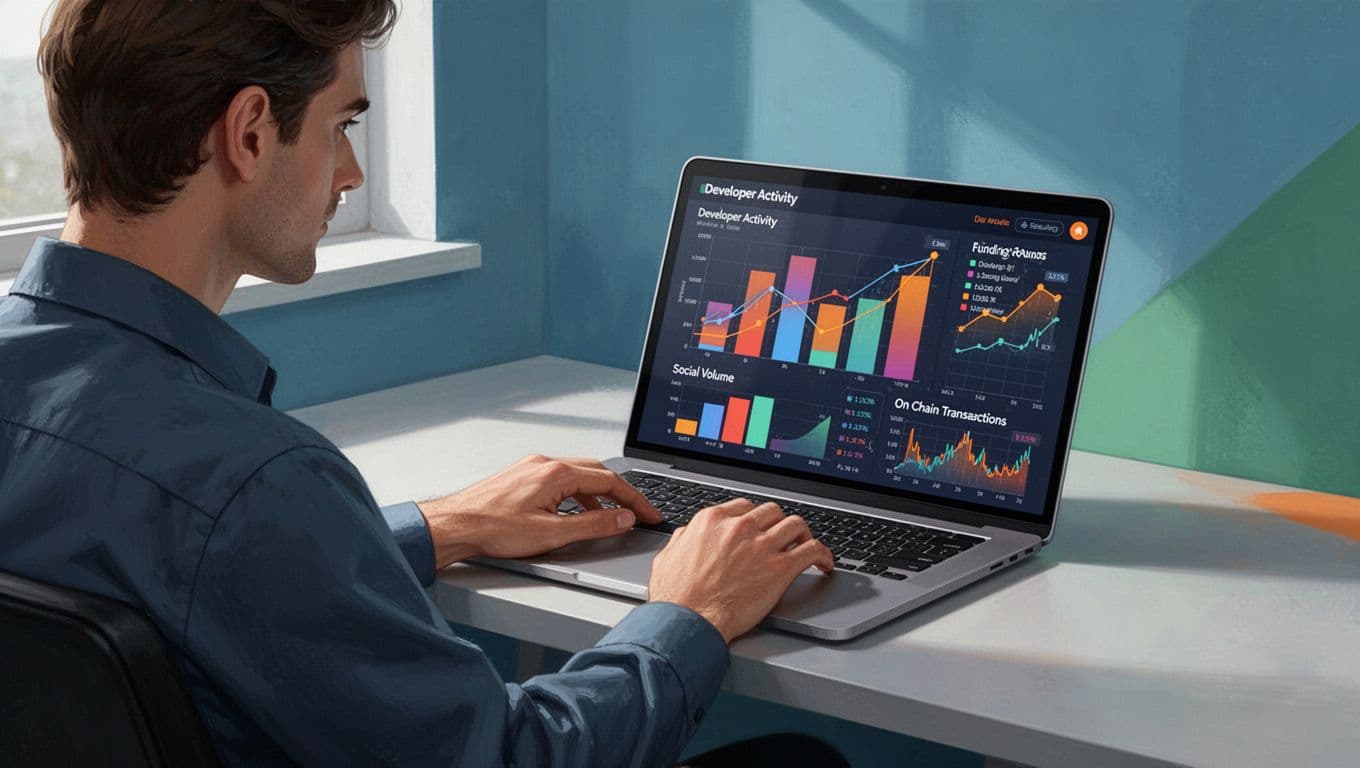 Modern illustration of a solo investor in a cozy workspace analyzing validation metrics on a laptop screen, displaying charts for developer activity, funding rounds, social volume, and on-chain transactions in restaking and privacy coins sectors with growth indicators.