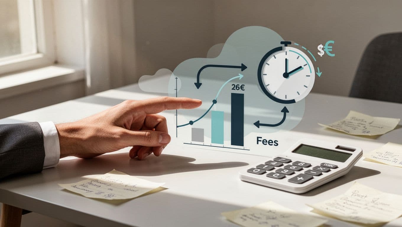 Modern illustration of a close-up currency exchange chart showing USD to EUR conversion with fees breakdown and transfer time clock, on a simple desk with calculator and notes.