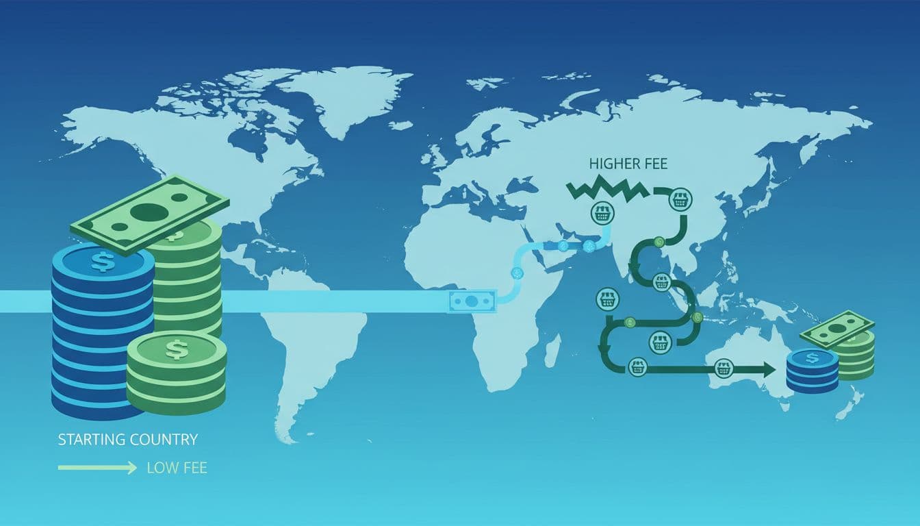 Stacks of coins and notes flow between countries on world map; straight low-fee path left, winding high-fee path right.