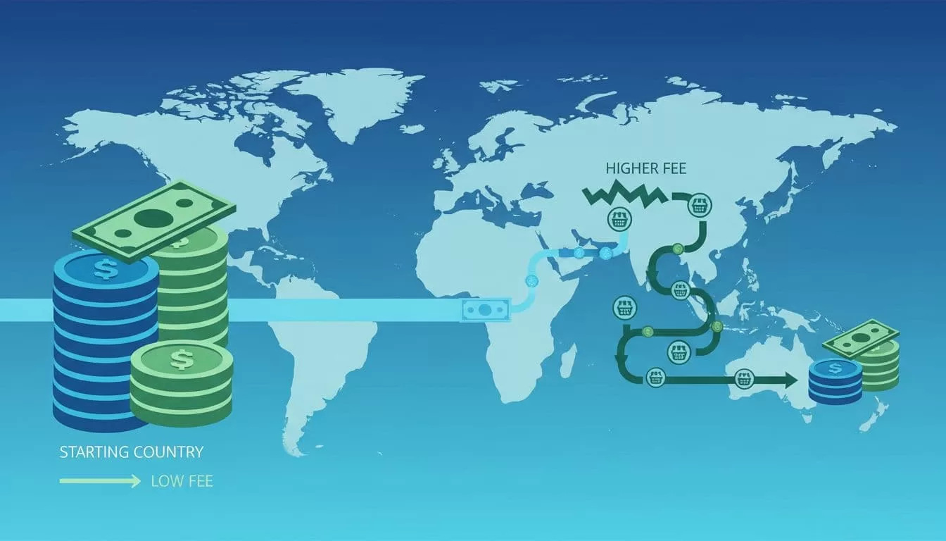 Stacks of coins and notes flow between countries on world map; straight low-fee path left, winding high-fee path right.