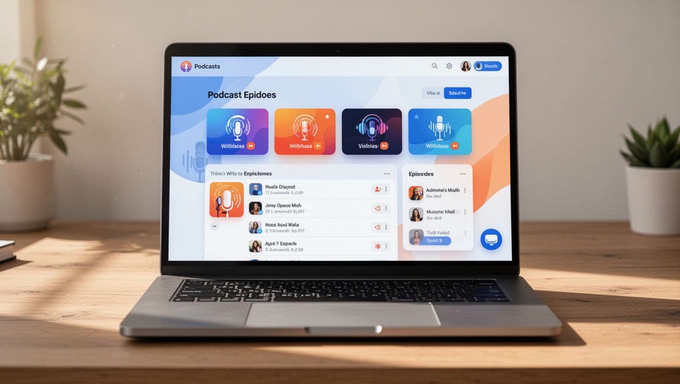 Computer screen displays podcast website builder interface with embed players and episode lists on a natural desk.