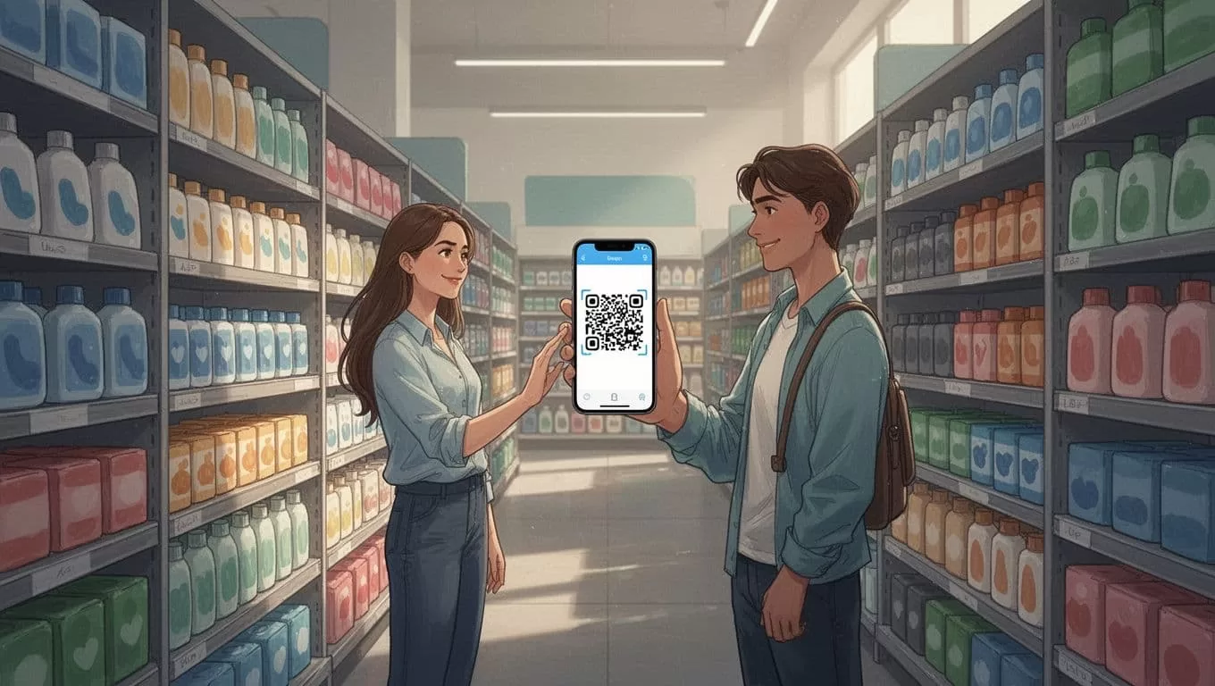 Modern illustration of a relaxed customer scanning a QR code with their phone in a physical store aisle, linking to online inventory amid shelves of products.