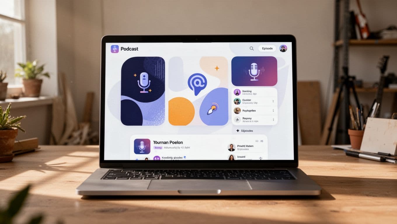 Modern illustration featuring clean shapes and controlled colors of a customizable podcast website on a laptop screen in a cozy studio, showing player embed and episode list with soft lighting and strong composition.