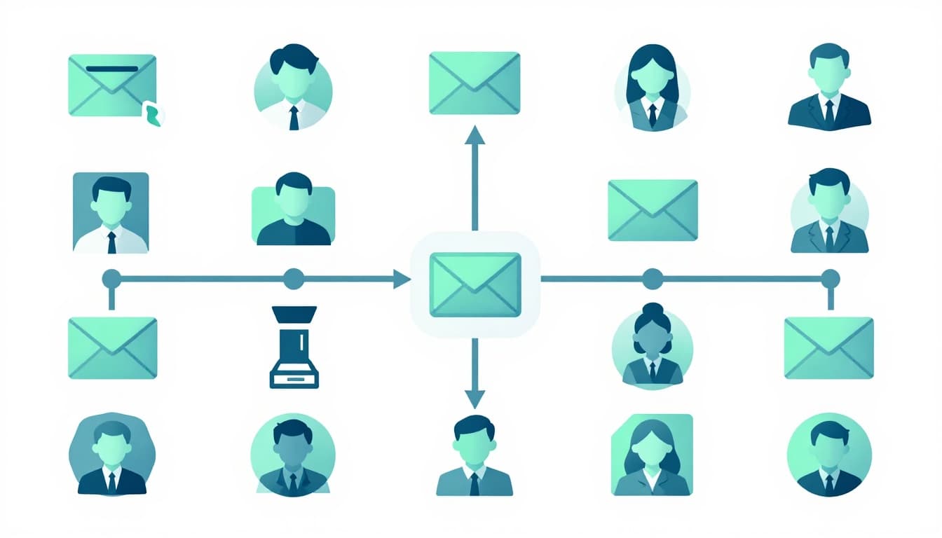 Modern illustration of a flowchart diagram showing recruitment workflow stages from sourcing to hiring, with icons for candidates, emails, and interviews in cool blue and green tones on a white background.