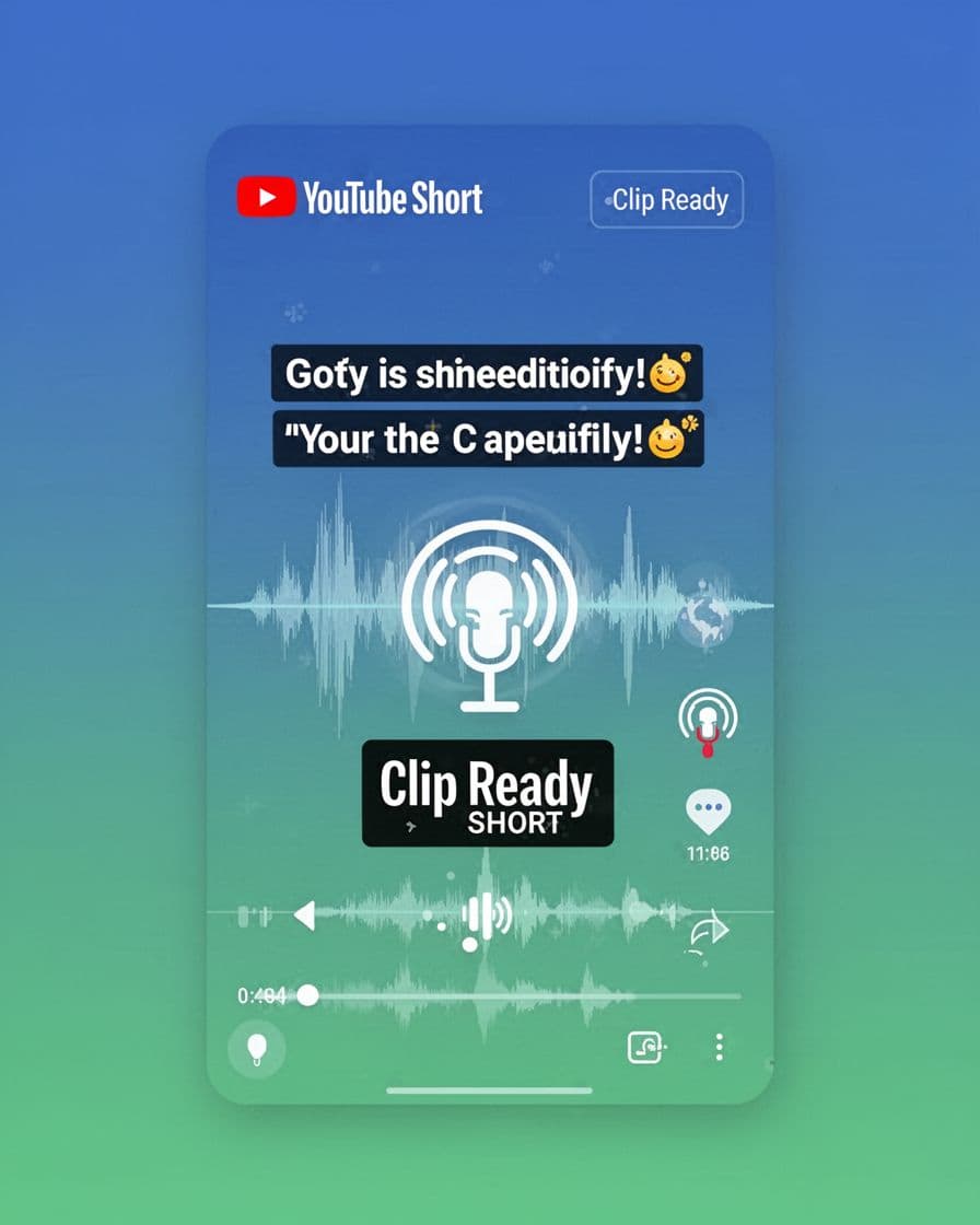 Modern illustration of a vertical YouTube Short video frame featuring animated captions, podcast waveform, branding elements like logo overlay, and a 'Clip Ready' badge on a simple gradient background in blue and green tones.