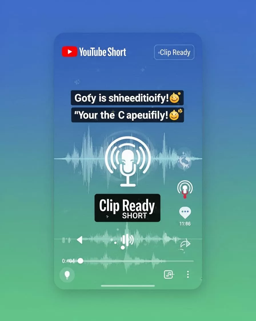 Modern illustration of a vertical YouTube Short video frame featuring animated captions, podcast waveform, branding elements like logo overlay, and a 'Clip Ready' badge on a simple gradient background in blue and green tones.