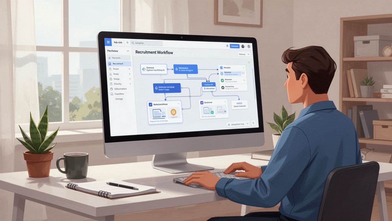 Person customizes recruitment workflow with drag-and-drop elements on large screen in bright home office, hands relaxed on desk.