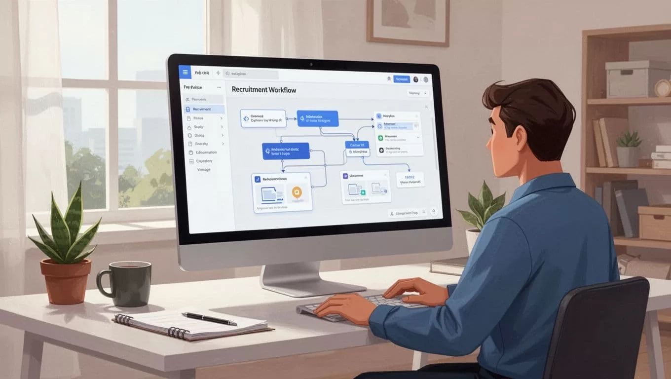 Person customizes recruitment workflow with drag-and-drop elements on large screen in bright home office, hands relaxed on desk.