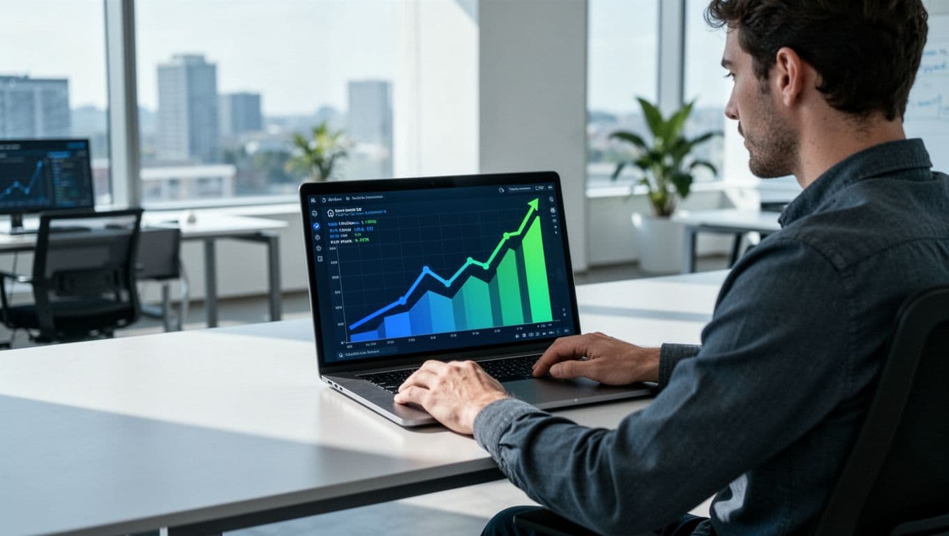 Modern illustration of a cybersecurity analyst in a bright office examining rising trend graphs for AI security and zero trust on an Exploding Topics dashboard displayed on a laptop screen.