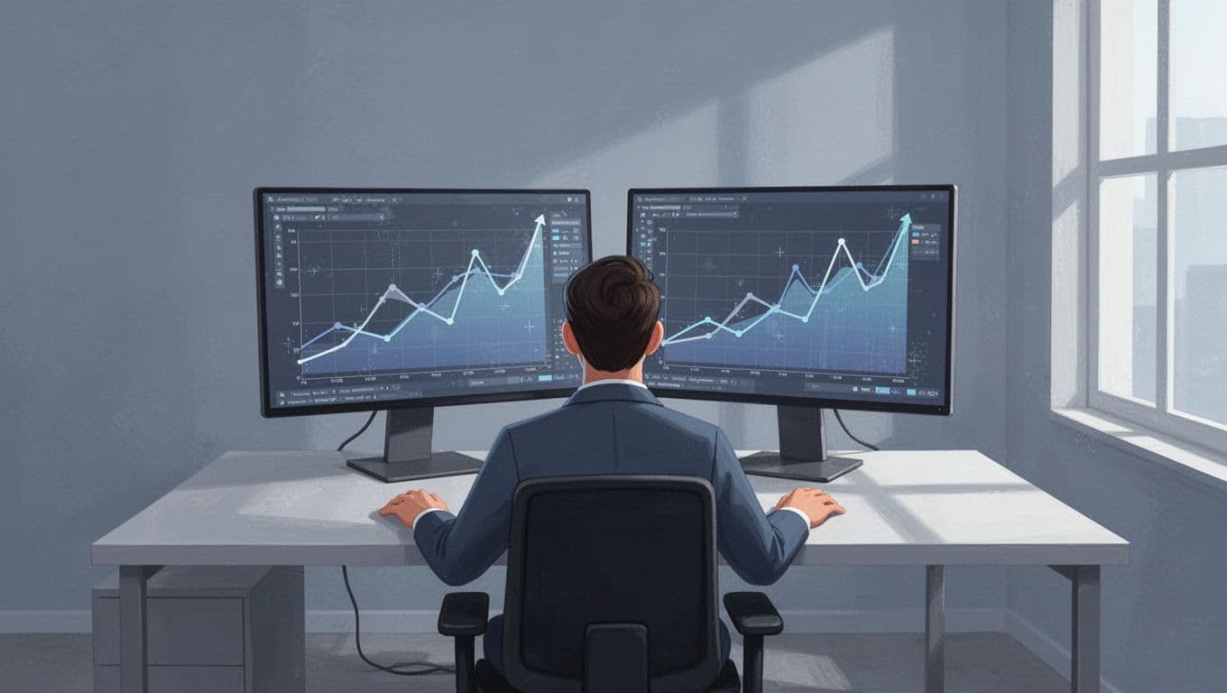 Modern illustration of a cybersecurity analyst in a contemporary office reviewing upward-trending graphs on dual monitors, depicting rising trends in AI risks and cloud security.
