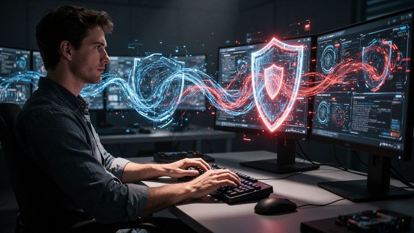 Modern illustration of a cybersecurity analyst monitoring threats on multiple screens in a dim control room, featuring holographic shields around data flows, clean shapes in dark blues and reds with dramatic side lighting.