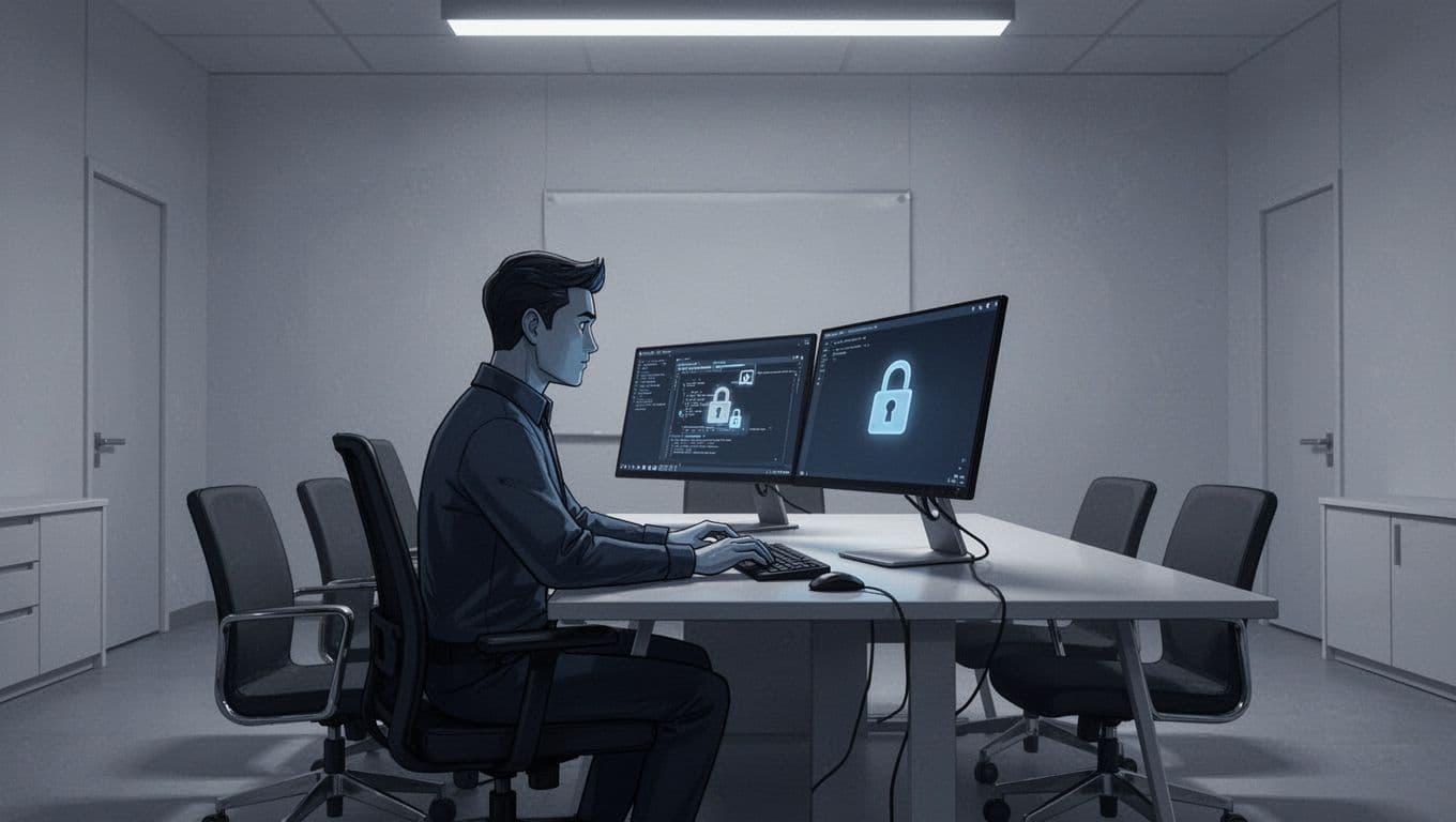 A cybersecurity expert in a modern conference room sets up password protection for transferring large data analysis files on a desktop computer, with the screen angled to show a lock icon in a clean, illustrative style using dark blues and silvers.