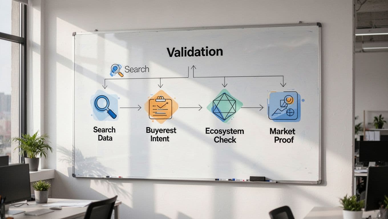 Modern illustration of a flowchart on a whiteboard outlining steps to validate a cybersecurity trend, from search growth to market proof, with simple icons for search data, buyer intent, and ecosystem check in an office wall setting.