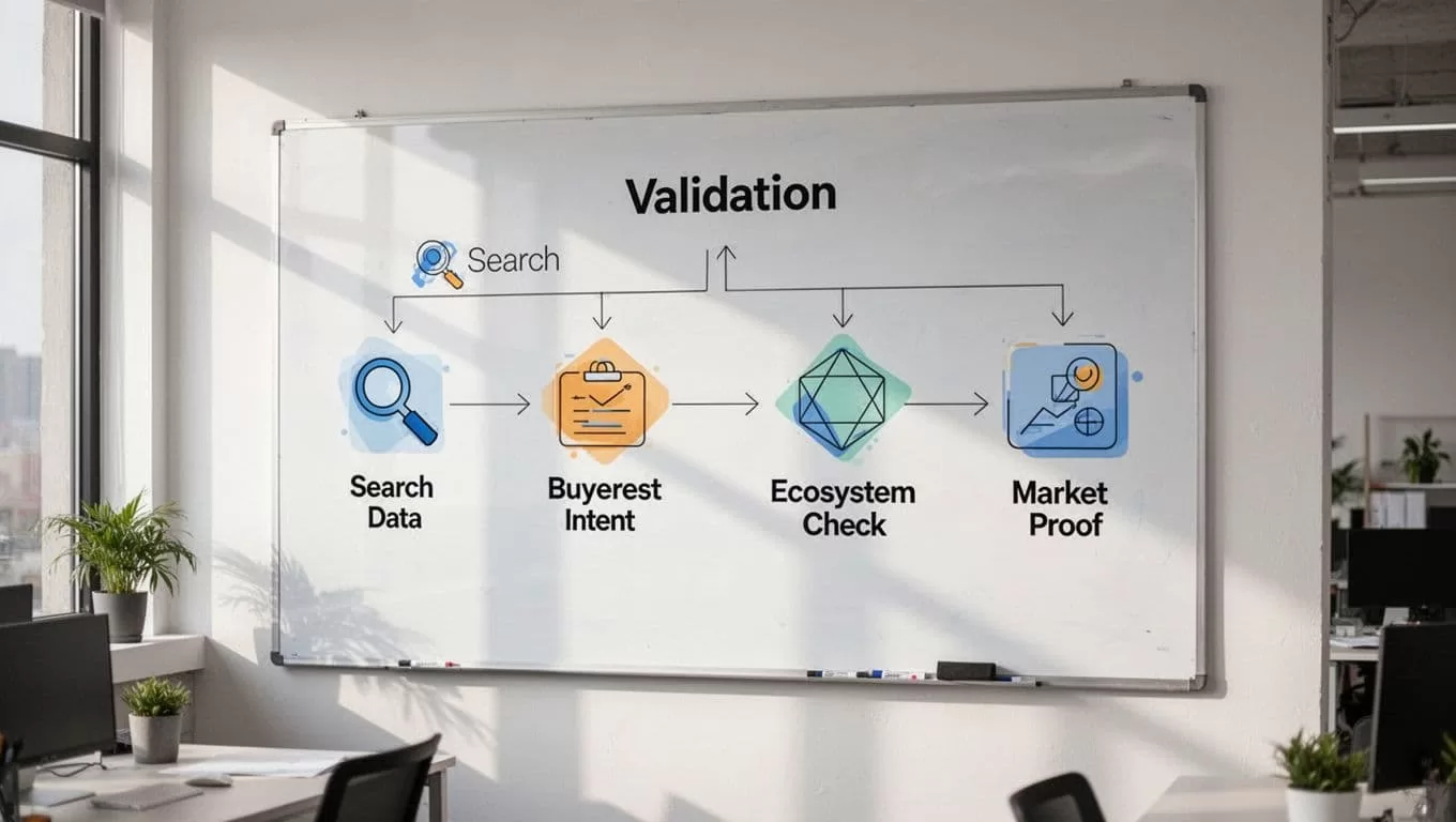 Modern illustration of a flowchart on a whiteboard outlining steps to validate a cybersecurity trend, from search growth to market proof, with simple icons for search data, buyer intent, and ecosystem check in an office wall setting.