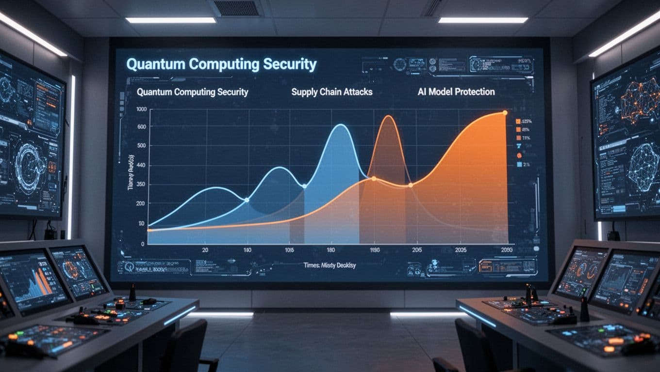 Modern illustration of a cybersecurity trends dashboard with side-by-side graphs showing rising trends in quantum computing security, supply chain attacks, and AI model protection over time, on a digital screen in a control room using blues and oranges palette.