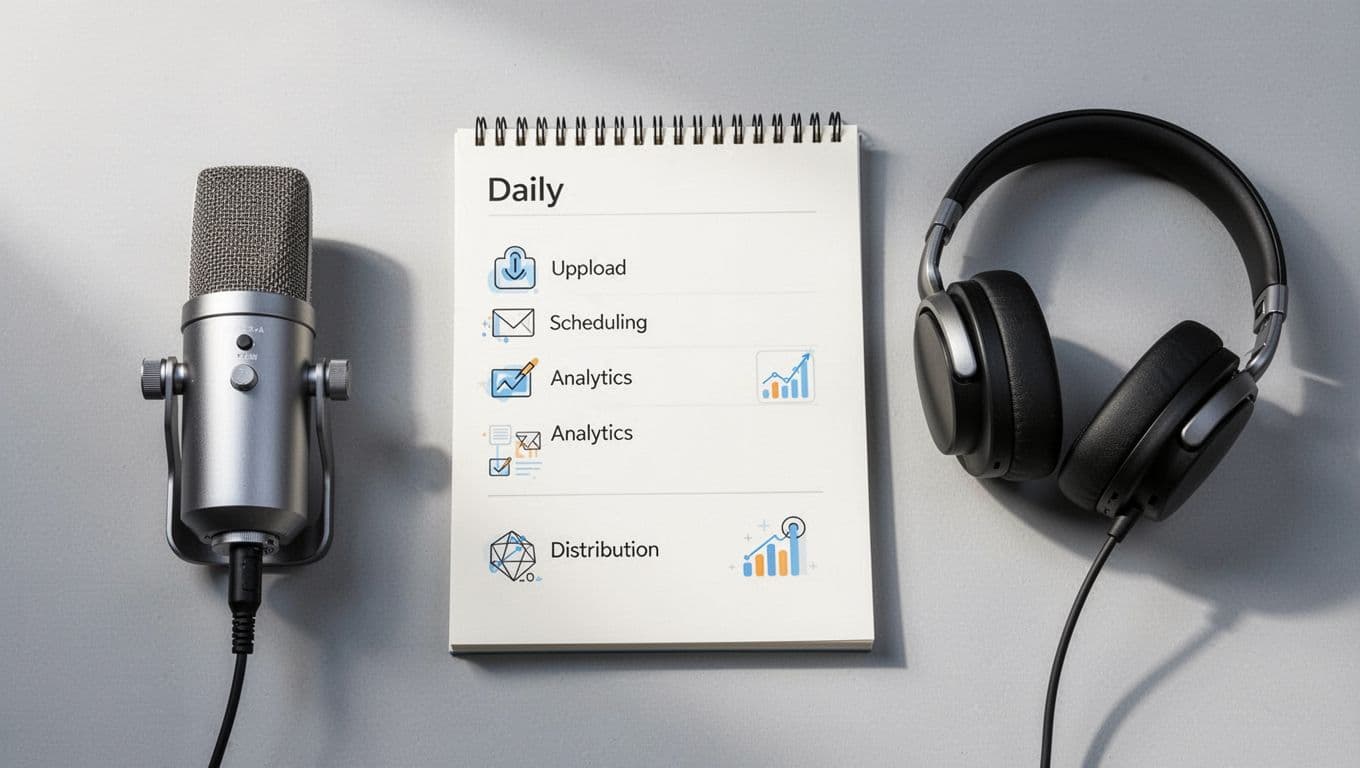 Top-down view of notepad with icons for upload, schedule, analytics, and distribution beside microphone and headphones.