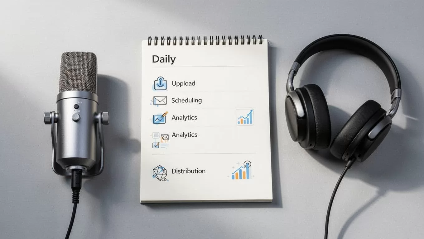 Top-down view of notepad with icons for upload, schedule, analytics, and distribution beside microphone and headphones.